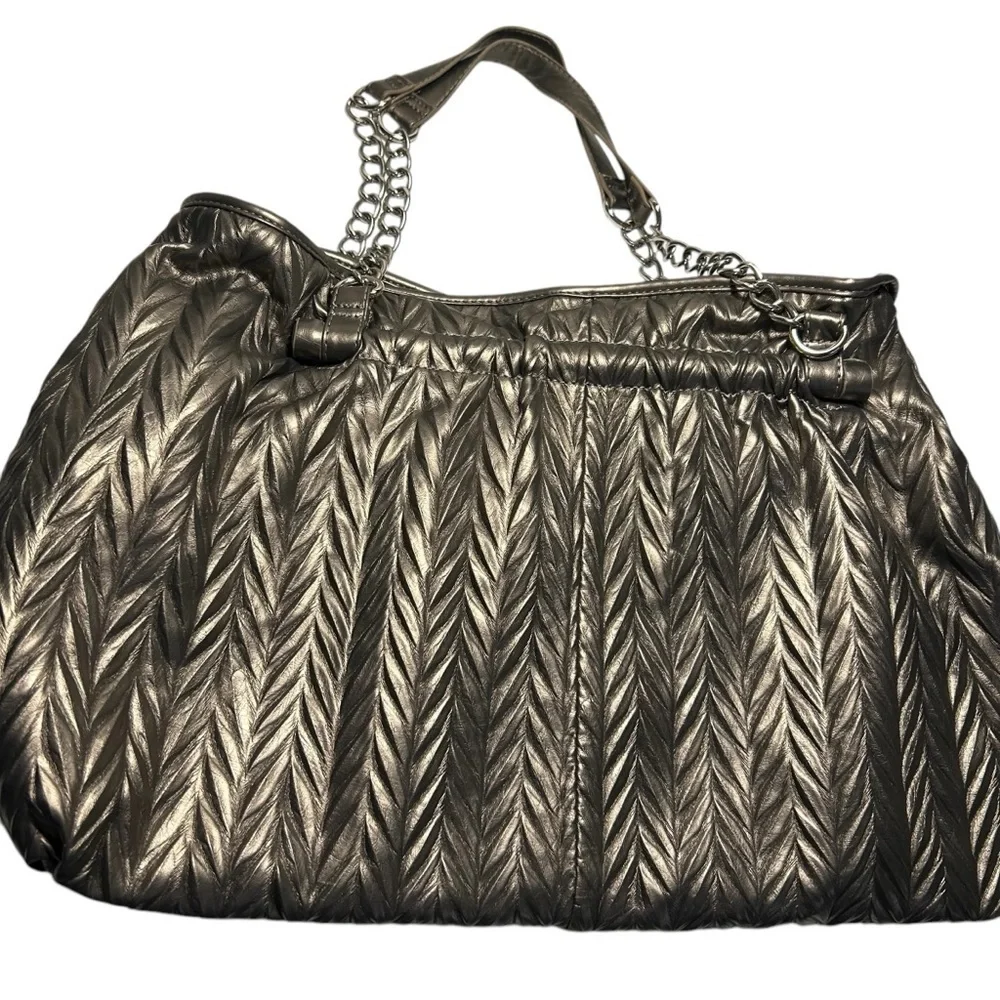 Charming Charlies Metalic Pewter Rouched Slouchy Soft Chain Detail Handles